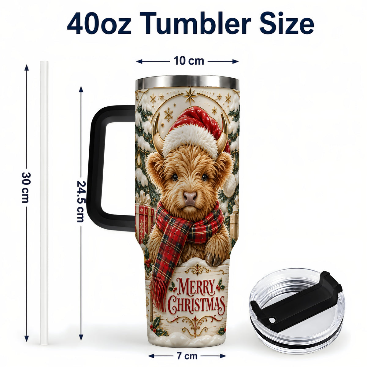 #pl[40oz|Black] Snowy Christmas Highland Cow 40oz Tumbler, Holiday Steel Travel Cup