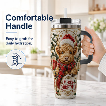 #pl[40oz|Black] Snowy Christmas Highland Cow 40oz Tumbler, Holiday Steel Travel Cup