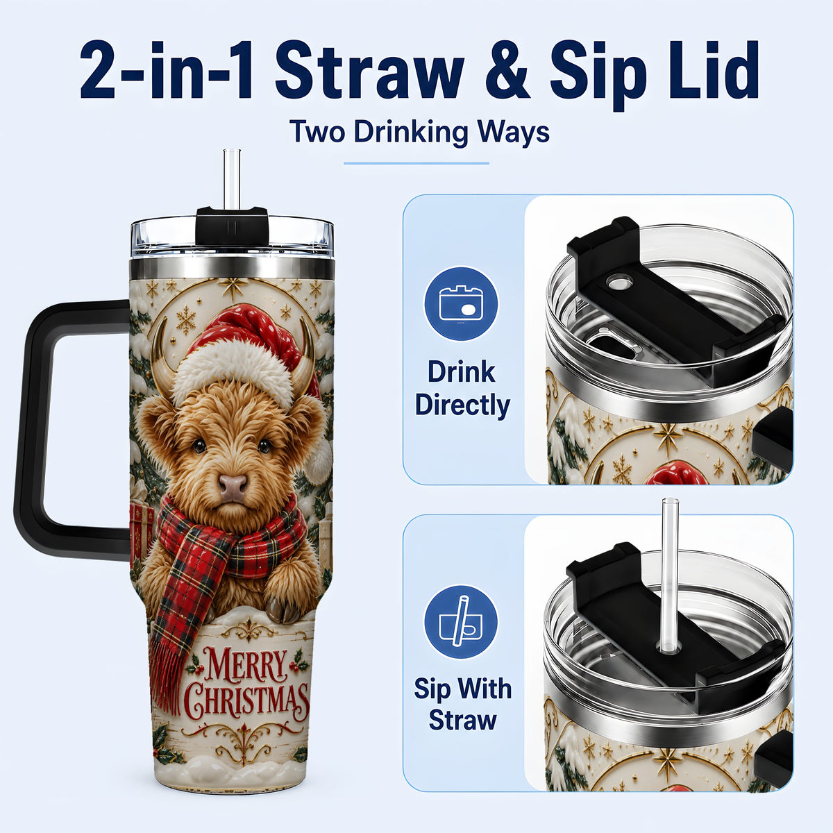 #pl[40oz|Black] Snowy Christmas Highland Cow 40oz Tumbler, Holiday Steel Travel Cup