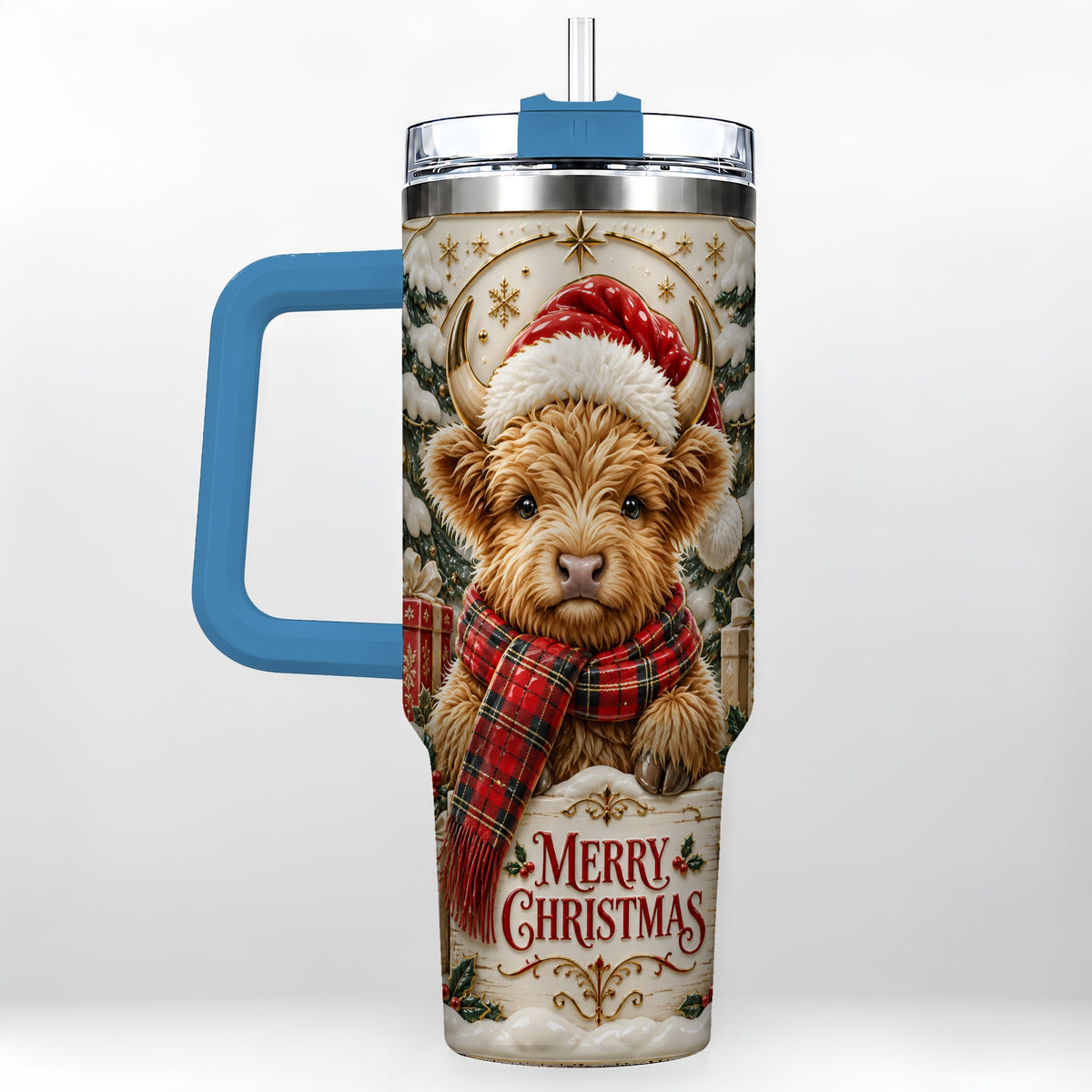 #pl[40oz|Blue] Snowy Christmas Highland Cow 40oz Tumbler, Holiday Steel Travel Cup