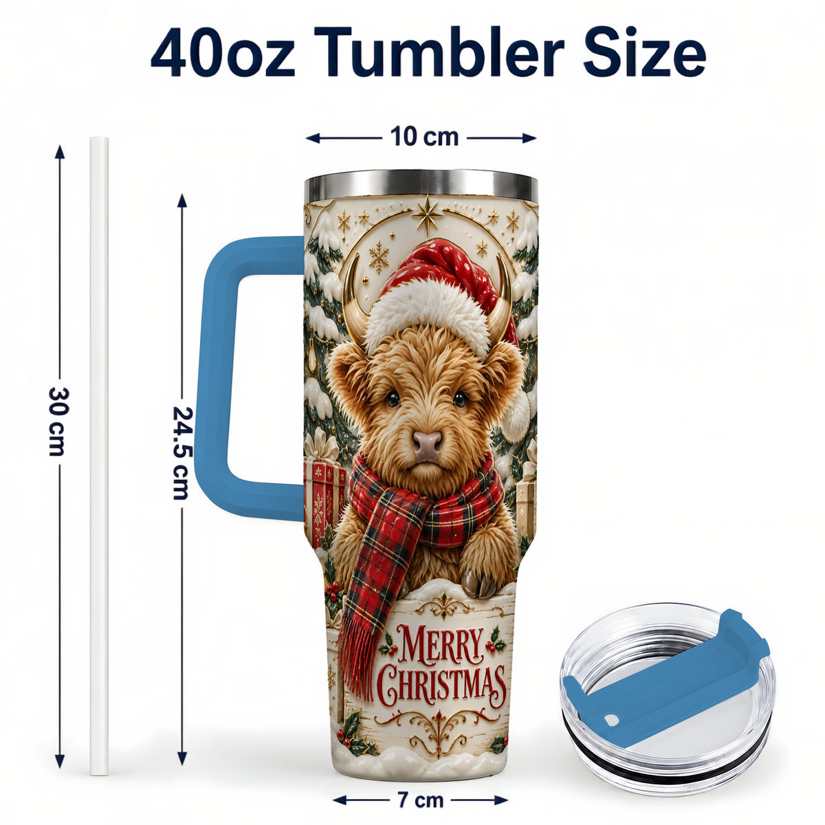 #pl[40oz|Blue] Snowy Christmas Highland Cow 40oz Tumbler, Holiday Steel Travel Cup