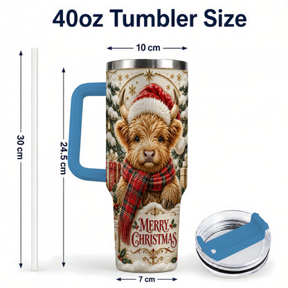 #pl[40oz|Blue] Snowy Christmas Highland Cow 40oz Tumbler, Holiday Steel Travel Cup