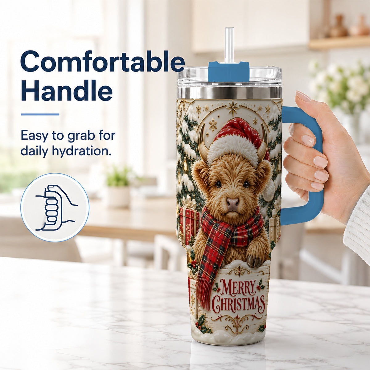 #pl[40oz|Blue] Snowy Christmas Highland Cow 40oz Tumbler, Holiday Steel Travel Cup