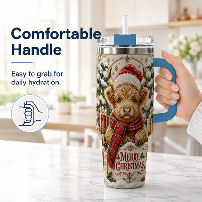 #pl[40oz|Blue] Snowy Christmas Highland Cow 40oz Tumbler, Holiday Steel Travel Cup