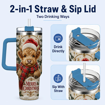 #pl[40oz|Blue] Snowy Christmas Highland Cow 40oz Tumbler, Holiday Steel Travel Cup