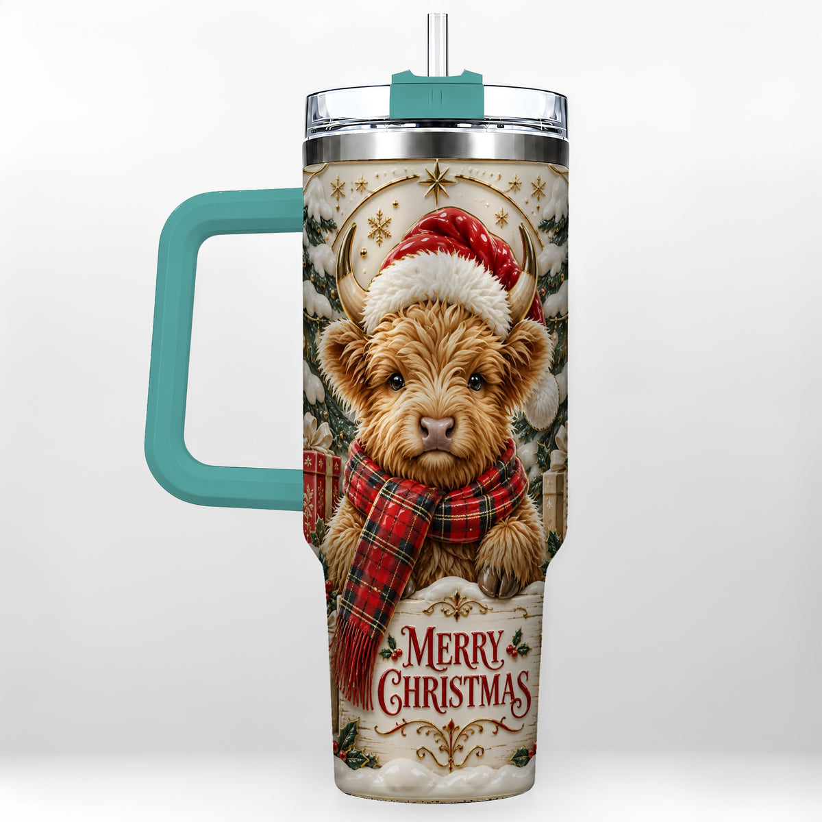 #pl[40oz|Green] Snowy Christmas Highland Cow 40oz Tumbler, Holiday Steel Travel Cup