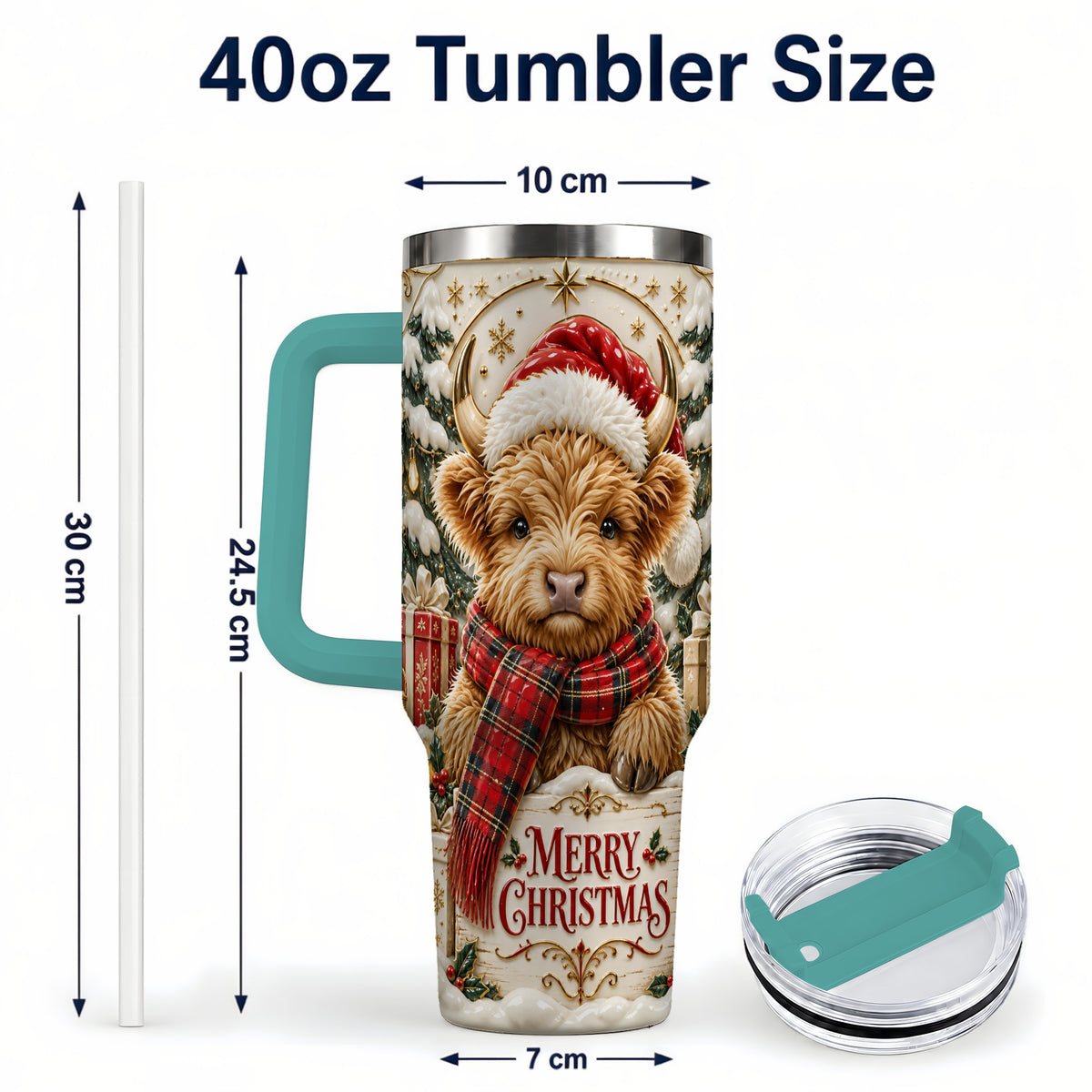 #pl[40oz|Green] Snowy Christmas Highland Cow 40oz Tumbler, Holiday Steel Travel Cup