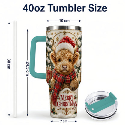 #pl[40oz|Green] Snowy Christmas Highland Cow 40oz Tumbler, Holiday Steel Travel Cup