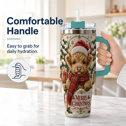 #pl[40oz|Green] Snowy Christmas Highland Cow 40oz Tumbler, Holiday Steel Travel Cup