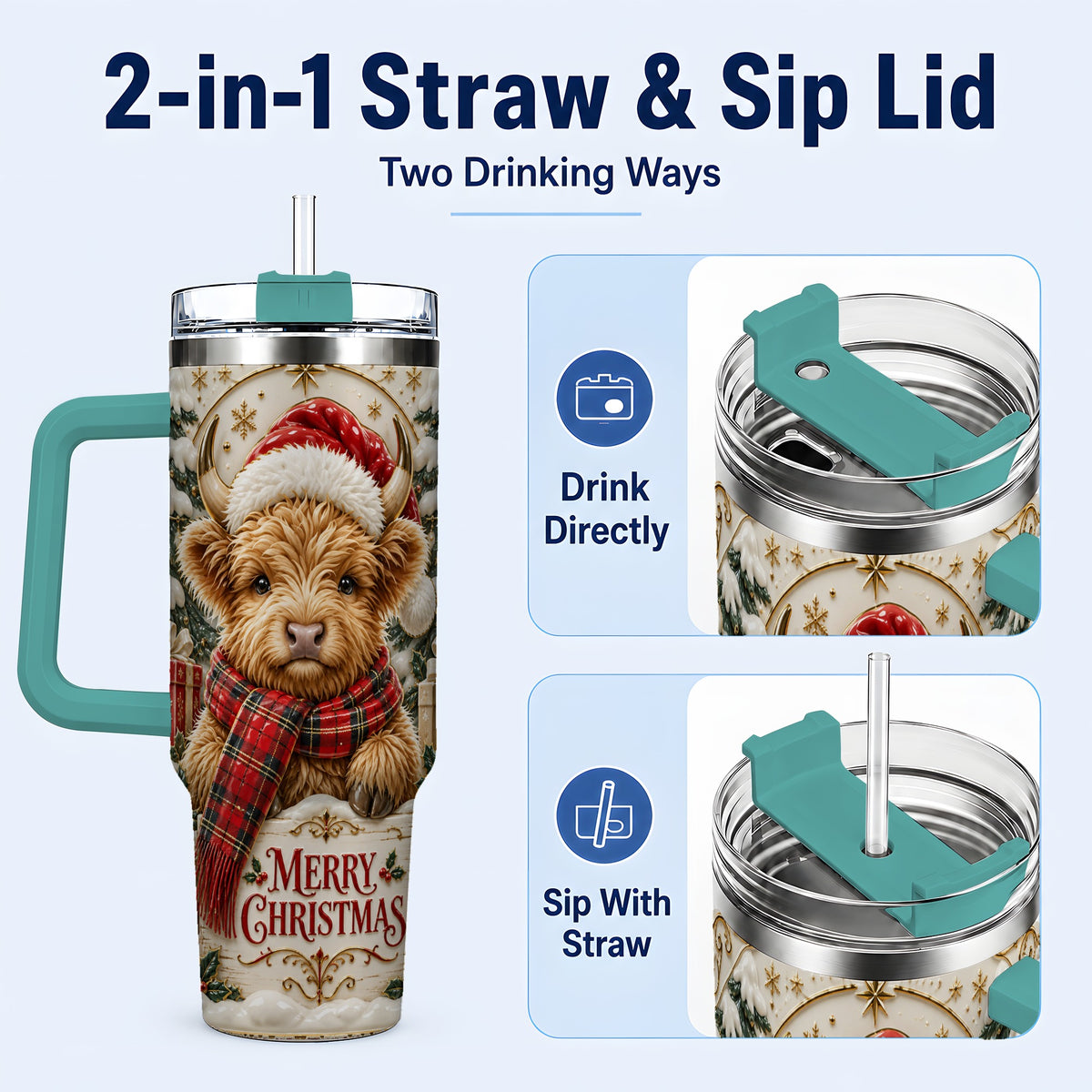 #pl[40oz|Green] Snowy Christmas Highland Cow 40oz Tumbler, Holiday Steel Travel Cup