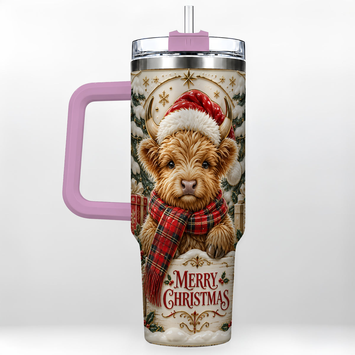 #pl[40oz|Pink] Snowy Christmas Highland Cow 40oz Tumbler, Holiday Steel Travel Cup
