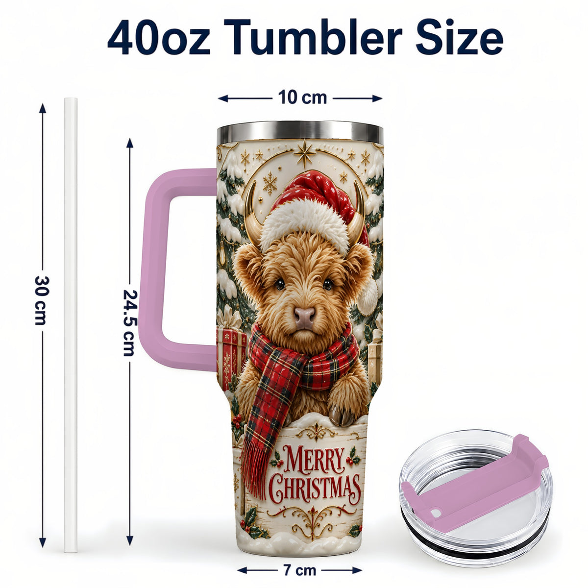 #pl[40oz|Pink] Snowy Christmas Highland Cow 40oz Tumbler, Holiday Steel Travel Cup
