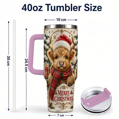 #pl[40oz|Pink] Snowy Christmas Highland Cow 40oz Tumbler, Holiday Steel Travel Cup