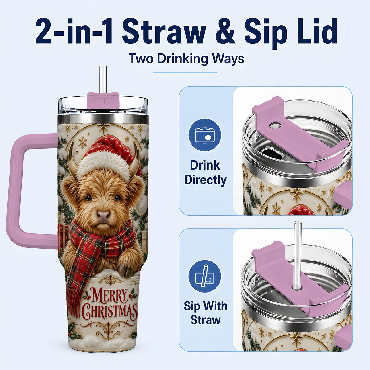 #pl[40oz|Pink] Snowy Christmas Highland Cow 40oz Tumbler, Holiday Steel Travel Cup