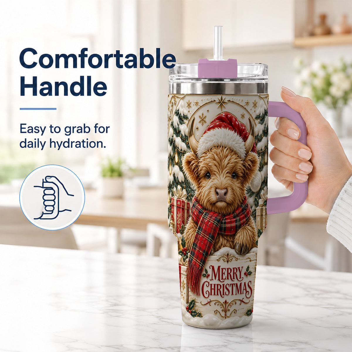 #pl[40oz|Pink] Snowy Christmas Highland Cow 40oz Tumbler, Holiday Steel Travel Cup