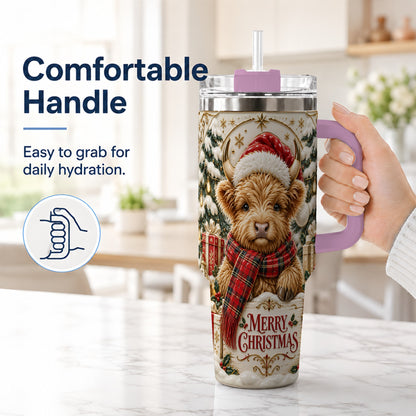 #pl[40oz|Pink] Snowy Christmas Highland Cow 40oz Tumbler, Holiday Steel Travel Cup