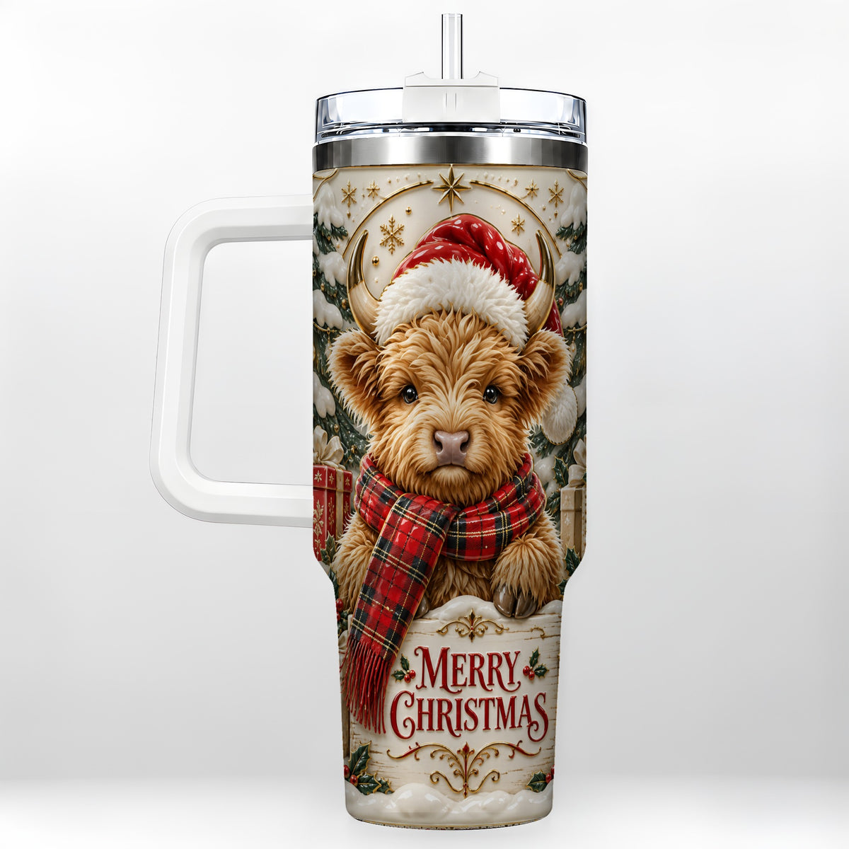 #pl[40oz|White] Snowy Christmas Highland Cow 40oz Tumbler, Holiday Steel Travel Cup