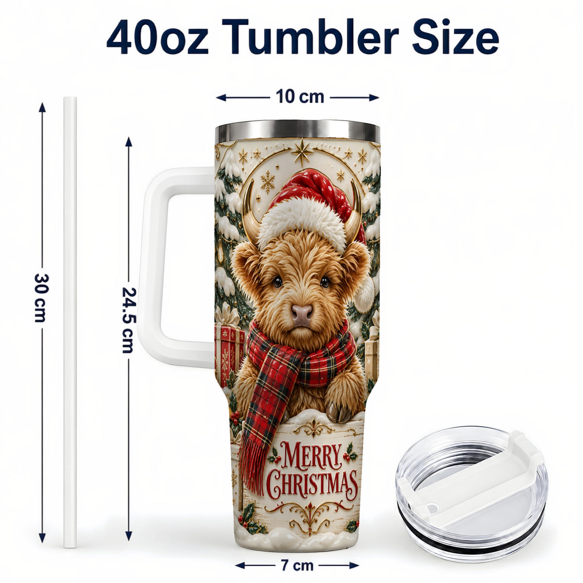 #pl[40oz|White] Snowy Christmas Highland Cow 40oz Tumbler, Holiday Steel Travel Cup