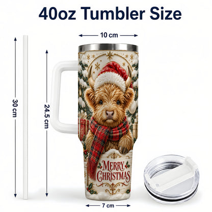 #pl[40oz|White] Snowy Christmas Highland Cow 40oz Tumbler, Holiday Steel Travel Cup