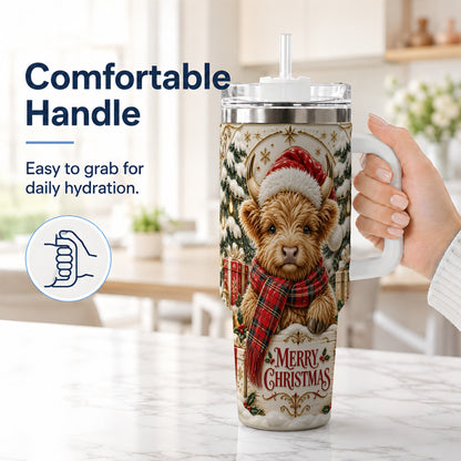 #pl[40oz|White] Snowy Christmas Highland Cow 40oz Tumbler, Holiday Steel Travel Cup
