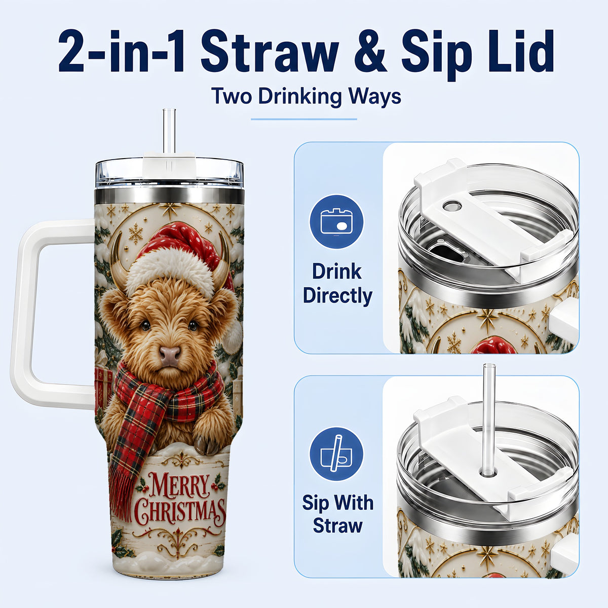 #pl[40oz|White] Snowy Christmas Highland Cow 40oz Tumbler, Holiday Steel Travel Cup