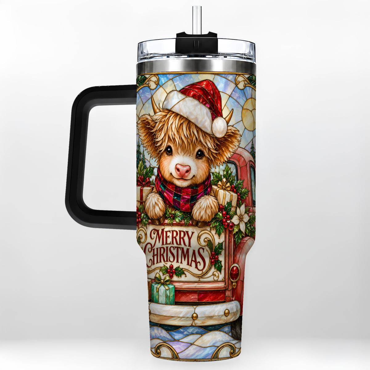 #pl[40oz|Black] Christmas Highland Cow Truck 40oz Tumbler, Holiday Steel Travel Cup