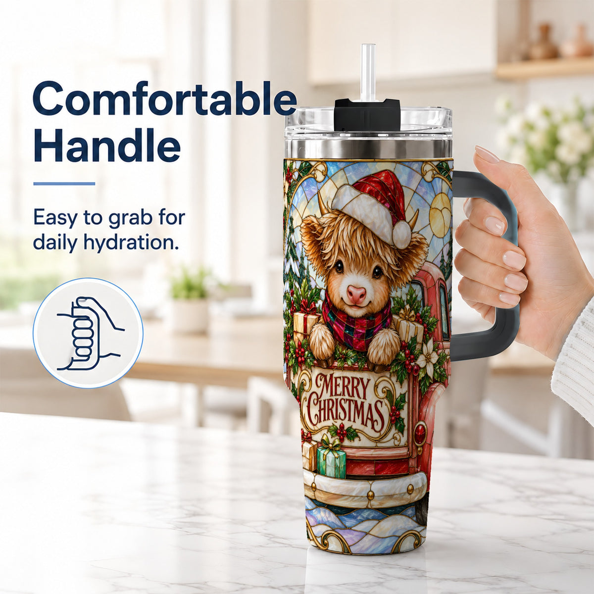 #pl[40oz|Black] Christmas Highland Cow Truck 40oz Tumbler, Holiday Steel Travel Cup