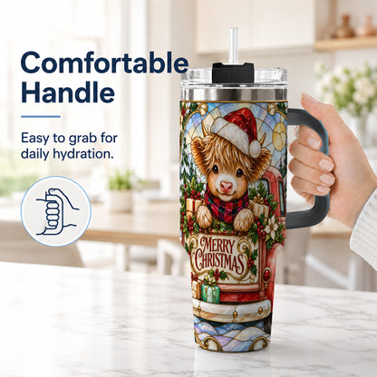 #pl[40oz|Black] Christmas Highland Cow Truck 40oz Tumbler, Holiday Steel Travel Cup