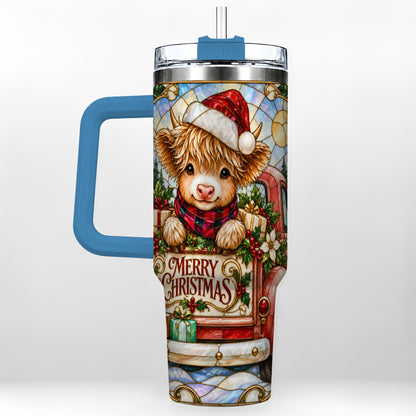 #pl[40oz|Blue] Christmas Highland Cow Truck 40oz Tumbler, Holiday Steel Travel Cup