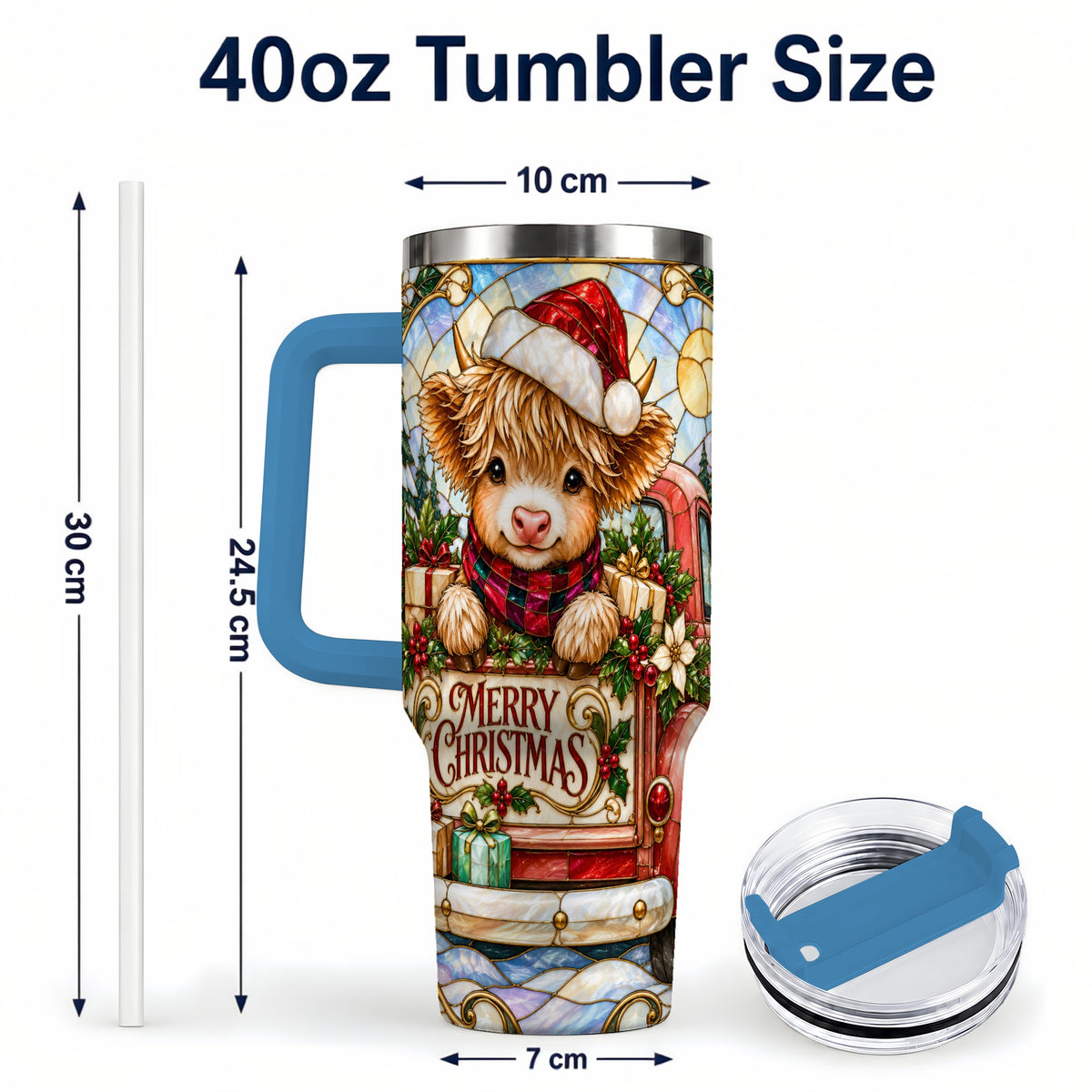 #pl[40oz|Blue] Christmas Highland Cow Truck 40oz Tumbler, Holiday Steel Travel Cup