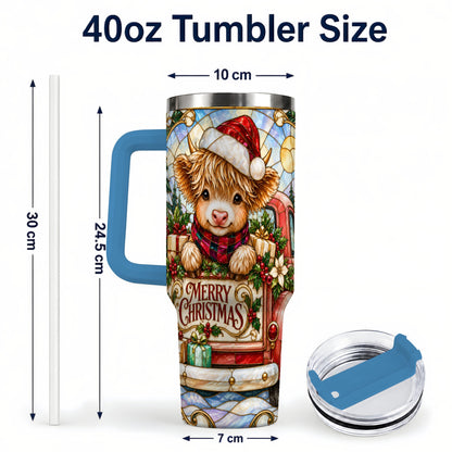 #pl[40oz|Blue] Christmas Highland Cow Truck 40oz Tumbler, Holiday Steel Travel Cup