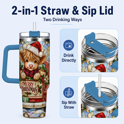 #pl[40oz|Blue] Christmas Highland Cow Truck 40oz Tumbler, Holiday Steel Travel Cup