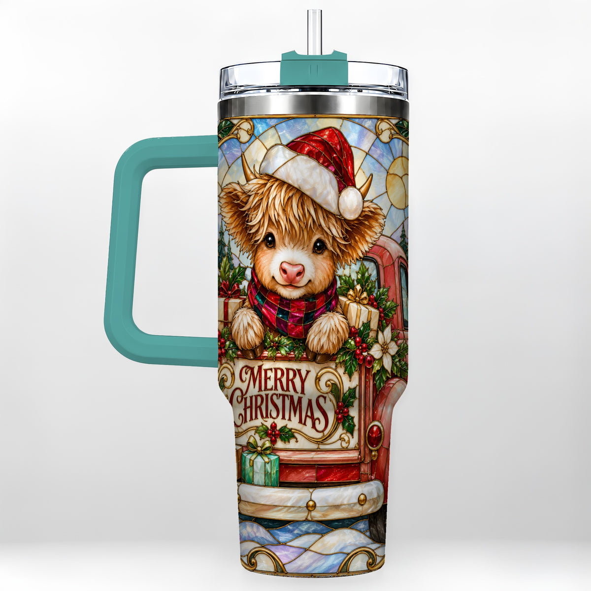 #pl[40oz|Green] Christmas Highland Cow Truck 40oz Tumbler, Holiday Steel Travel Cup