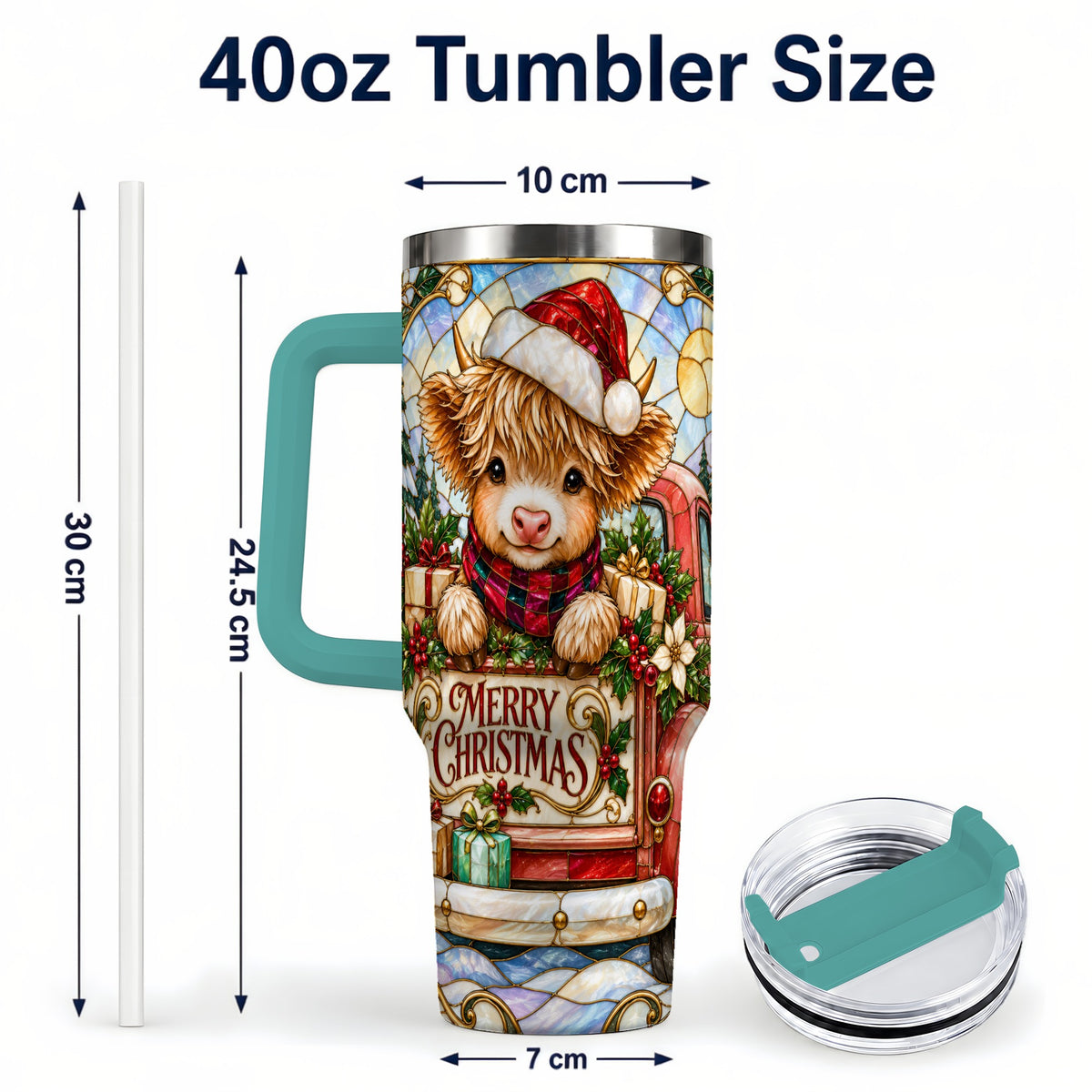 #pl[40oz|Green] Christmas Highland Cow Truck 40oz Tumbler, Holiday Steel Travel Cup