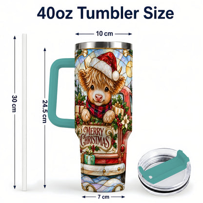 #pl[40oz|Green] Christmas Highland Cow Truck 40oz Tumbler, Holiday Steel Travel Cup