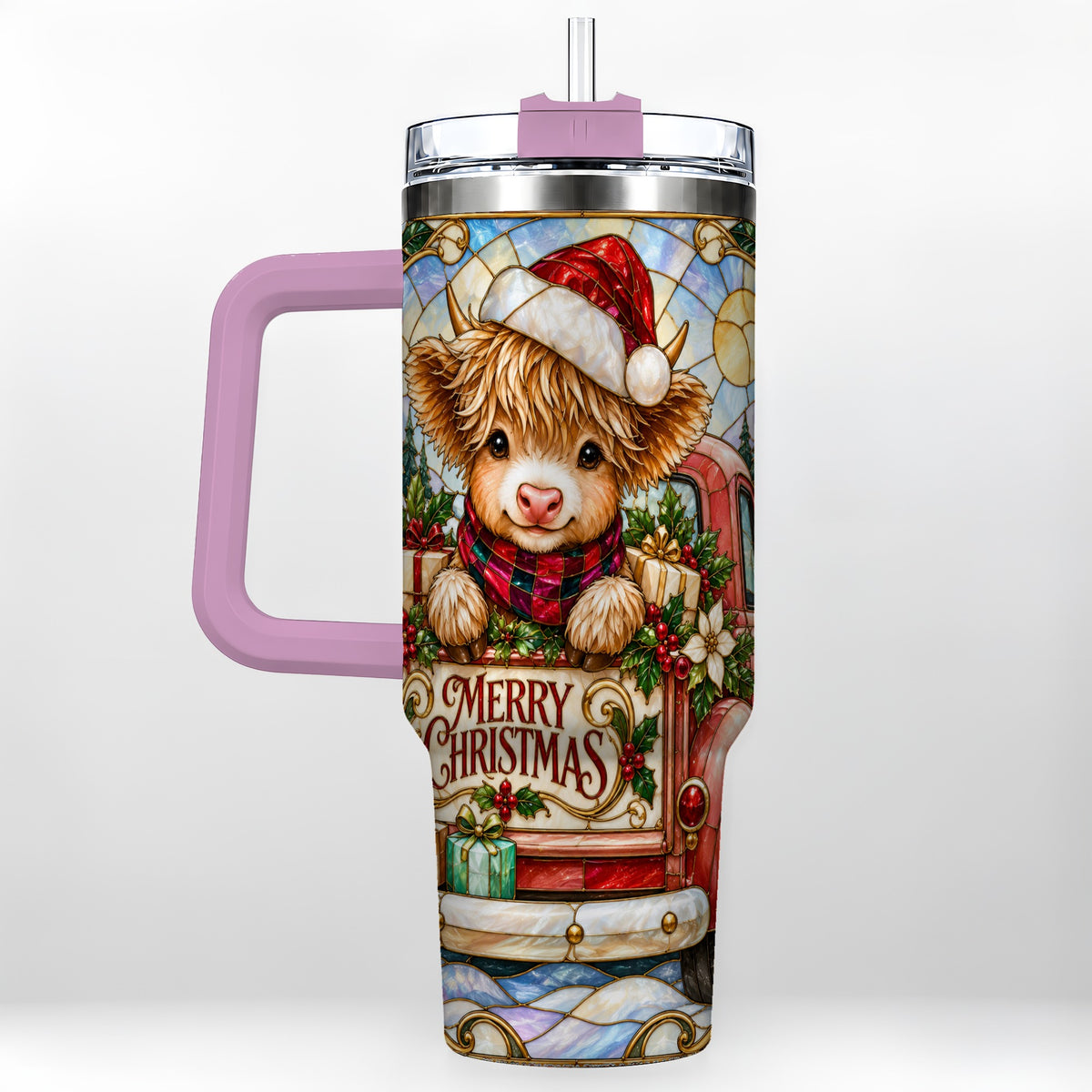 #pl[40oz|Pink] Christmas Highland Cow Truck 40oz Tumbler, Holiday Steel Travel Cup