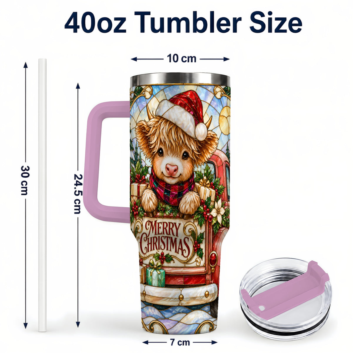 #pl[40oz|Pink] Christmas Highland Cow Truck 40oz Tumbler, Holiday Steel Travel Cup