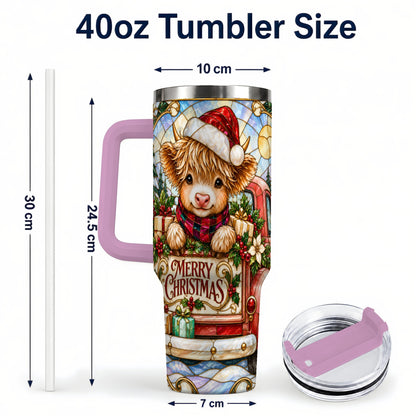 #pl[40oz|Pink] Christmas Highland Cow Truck 40oz Tumbler, Holiday Steel Travel Cup