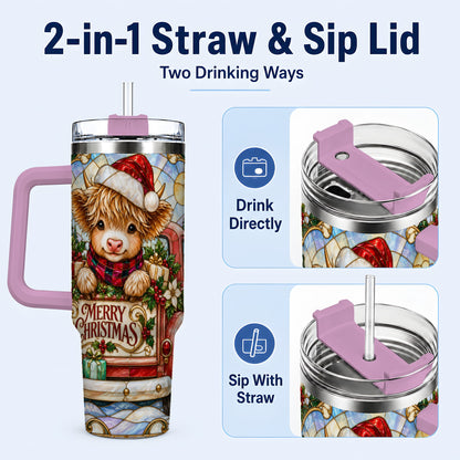 #pl[40oz|Pink] Christmas Highland Cow Truck 40oz Tumbler, Holiday Steel Travel Cup