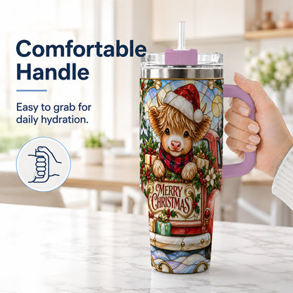 #pl[40oz|Pink] Christmas Highland Cow Truck 40oz Tumbler, Holiday Steel Travel Cup