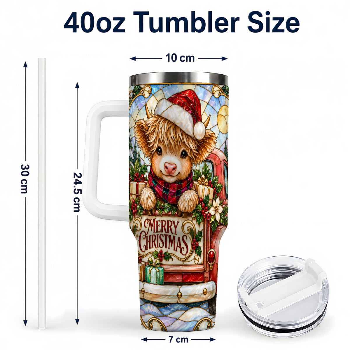 #pl[40oz|White] Christmas Highland Cow Truck 40oz Tumbler, Holiday Steel Travel Cup