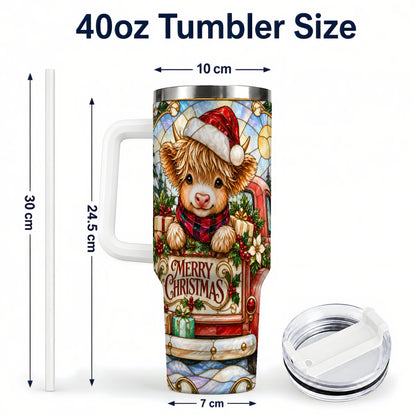 #pl[40oz|White] Christmas Highland Cow Truck 40oz Tumbler, Holiday Steel Travel Cup
