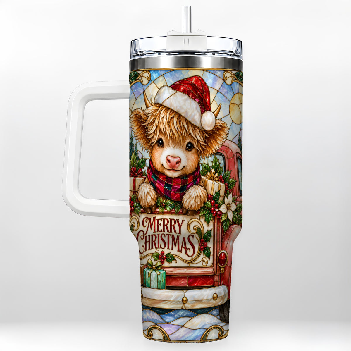 #pl[40oz|White] Christmas Highland Cow Truck 40oz Tumbler, Holiday Steel Travel Cup