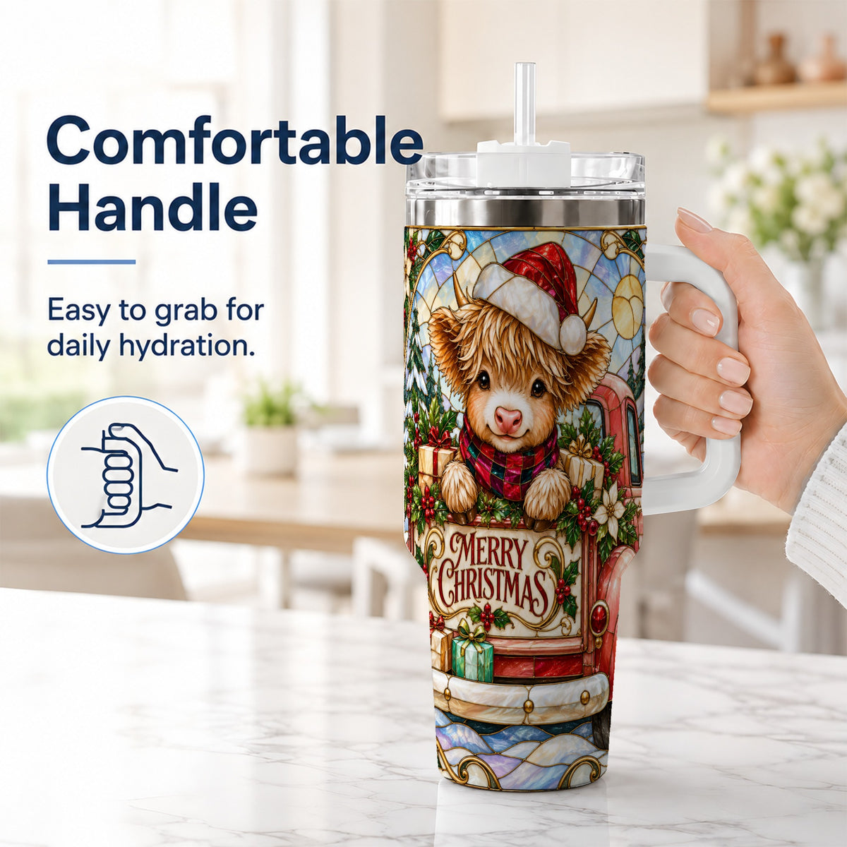 #pl[40oz|White] Christmas Highland Cow Truck 40oz Tumbler, Holiday Steel Travel Cup