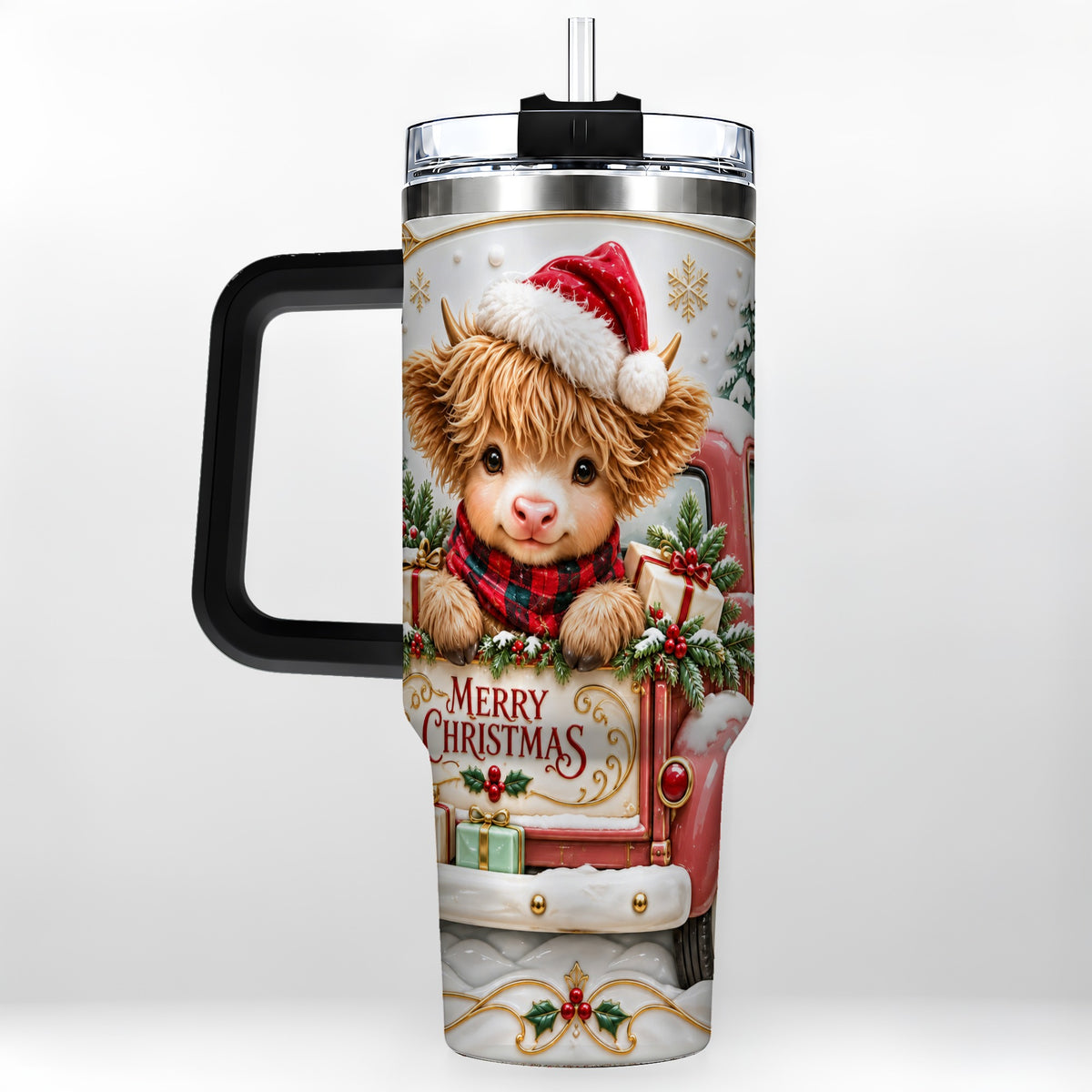 #pl[40oz|Black] Christmas Cow 40oz Tumbler with Handle, Holiday Truck Stainless Steel Cup