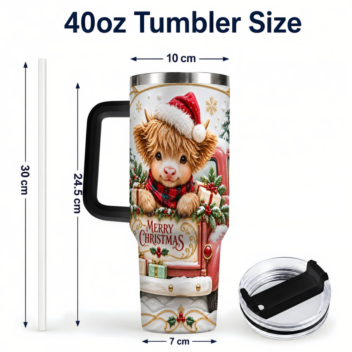 #pl[40oz|Black] Christmas Cow 40oz Tumbler with Handle, Holiday Truck Stainless Steel Cup