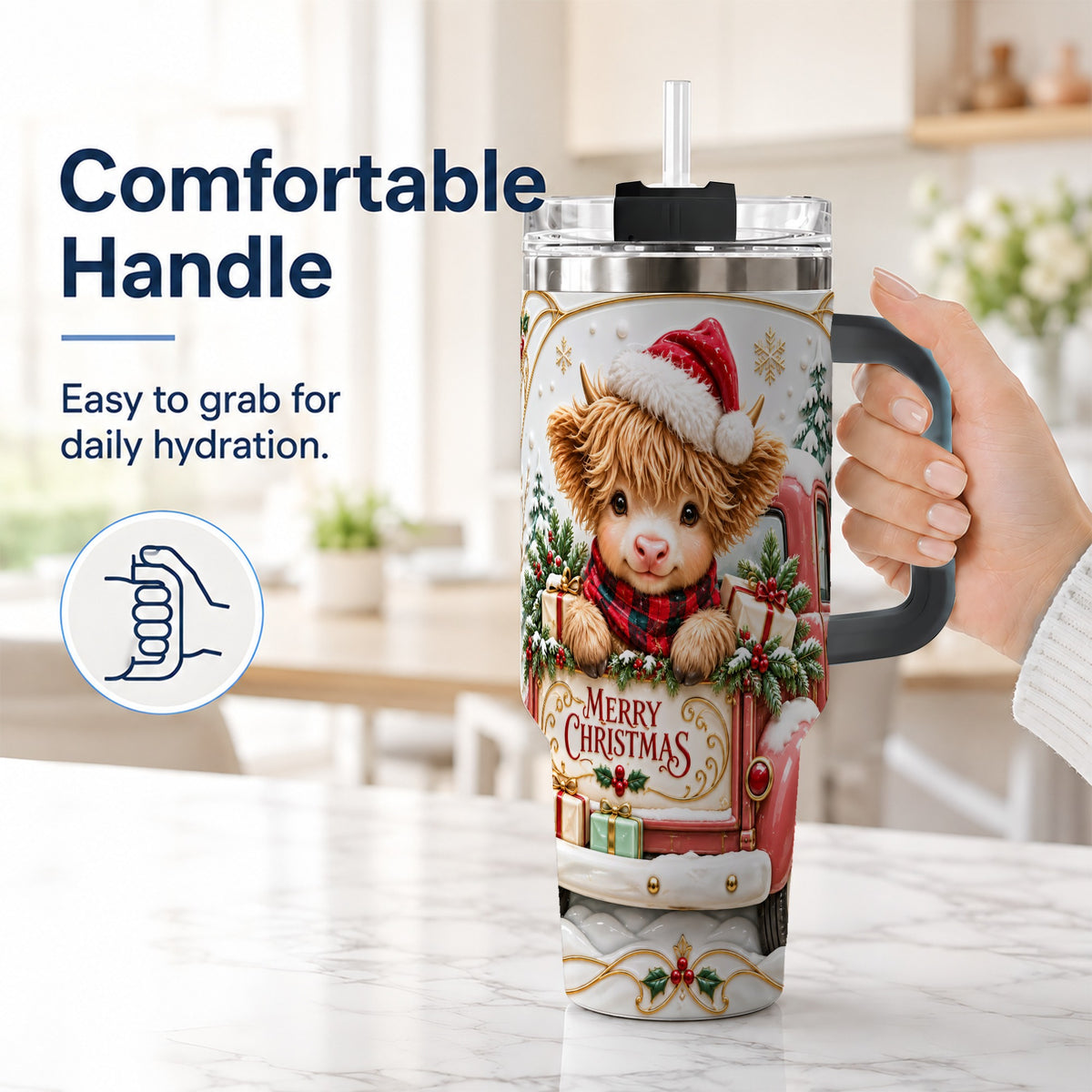 #pl[40oz|Black] Christmas Cow 40oz Tumbler with Handle, Holiday Truck Stainless Steel Cup