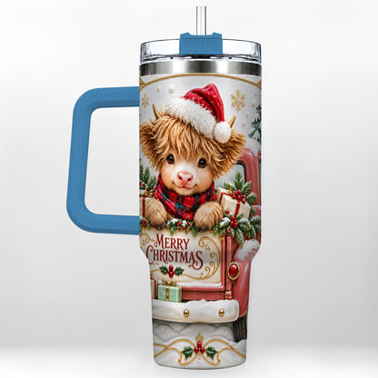 #pl[40oz|Blue] Christmas Cow 40oz Tumbler with Handle, Holiday Truck Stainless Steel Cup