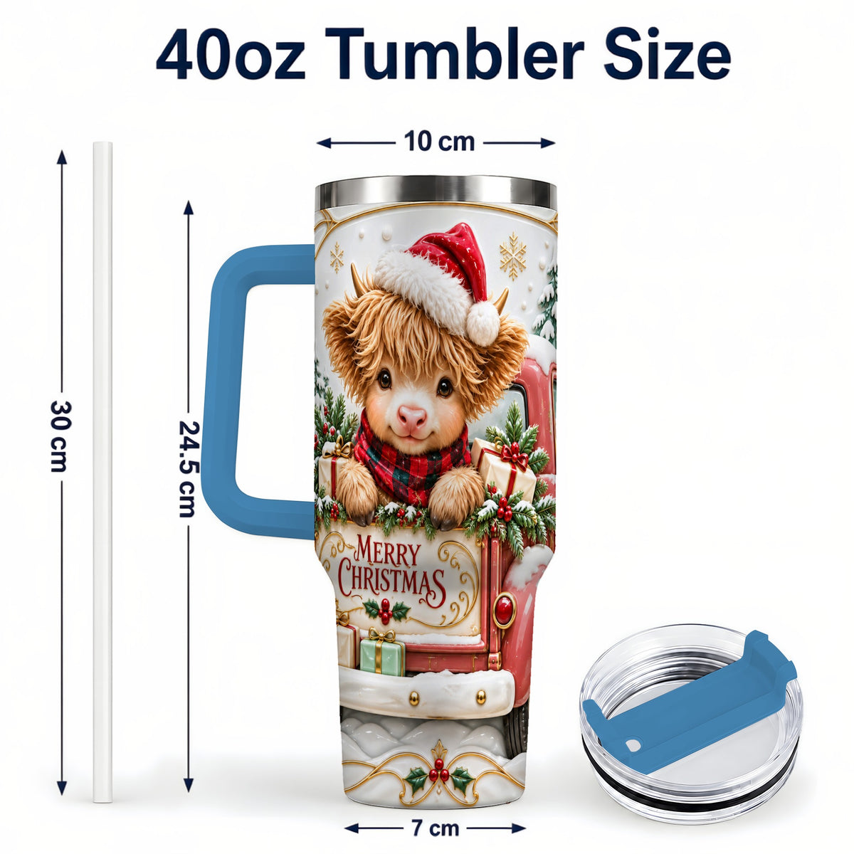 #pl[40oz|Blue] Christmas Cow 40oz Tumbler with Handle, Holiday Truck Stainless Steel Cup