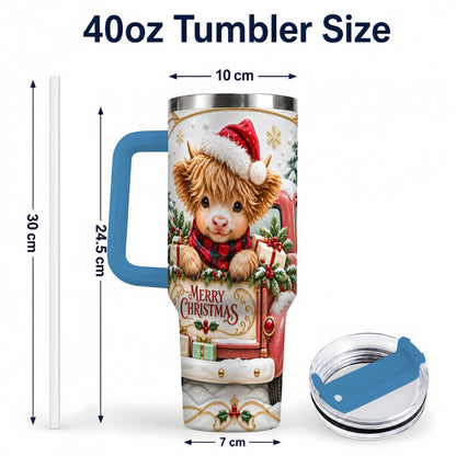 #pl[40oz|Blue] Christmas Cow 40oz Tumbler with Handle, Holiday Truck Stainless Steel Cup